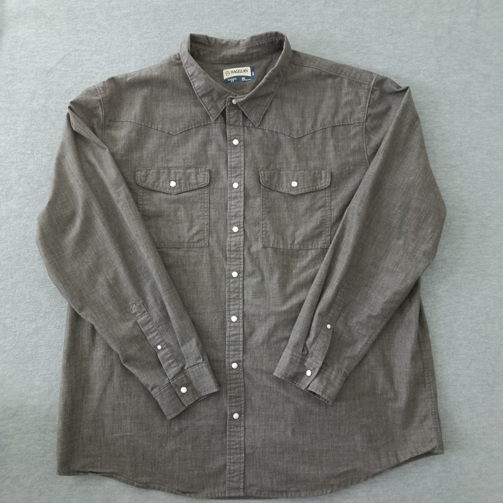 Magellan Outdoors Mens 3XL Classic Fit Flex Western Snap Long Sleeve Shirt Grey